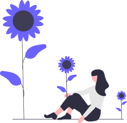 Illustration of a person sitting in front of three flowers, each one bigger than the other