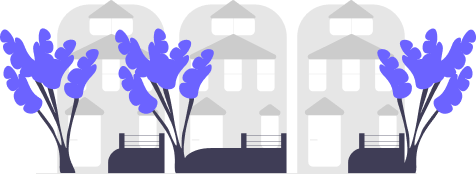 Illustration of a row of three buildings with vegetation in front of them
