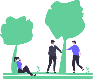 Illustration of three people hanging out in a garden with two big trees