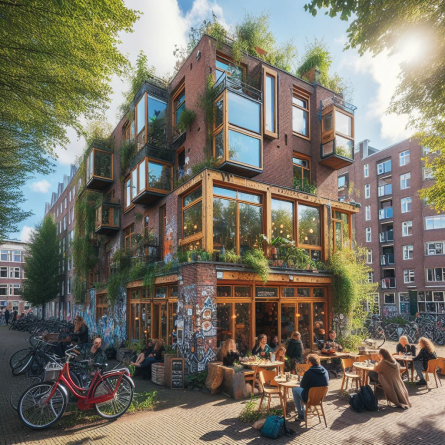 A render of a possible future of the building, with a renewed facade and people sitting inside a cafe.
